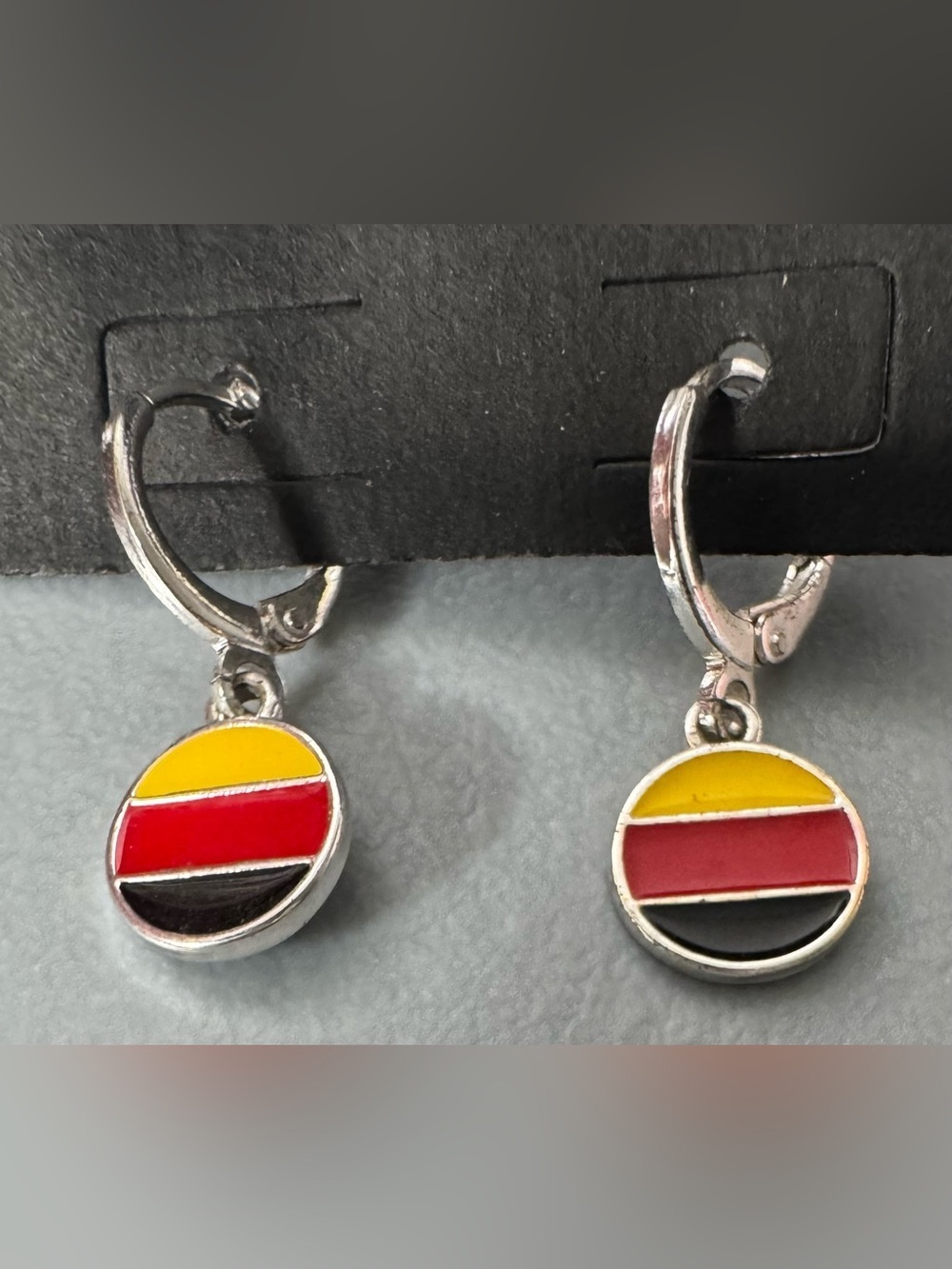 Silver Hoop Drop Earrings with Yellow, Red & Black Enamel Discs dainty